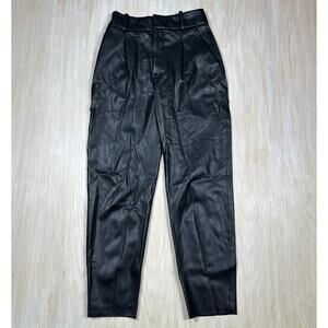 Zara Faux Leather High Waist Black Pleated Front Straight Leg Trousers Pants S